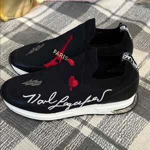 Karl Lagerfeld Black and Red Embroidered Slip-Ons tennis shoes brand new